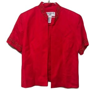 Jessica Howard, 55% Linen, Embroidered Neckline & Sleeves Suit Jacket Red,  12